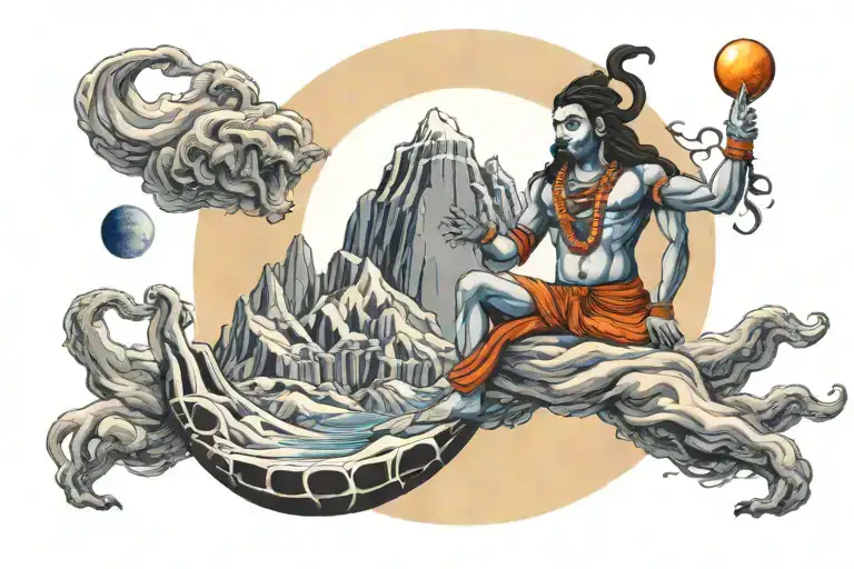Tattoo design Shiva stands in a Cycle of Life dance Pose, with Mount Kailash as the backdrop and a ringed solar system r tattoo design idea
