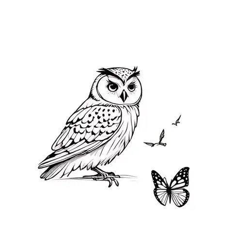 of an owl and next to it, a butterfly, both flying next to each other tattoo design idea