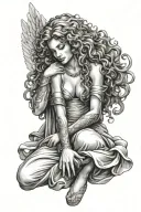 female guardian angel curly hair kneeling tattoo design idea