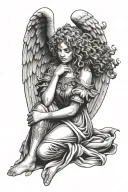 female guardian angel curly hair kneeling tattoo design idea