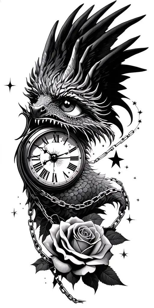 clock face in eye looking, dragon emerging, stars constelation, roses, angel wings, chains tattoo design idea