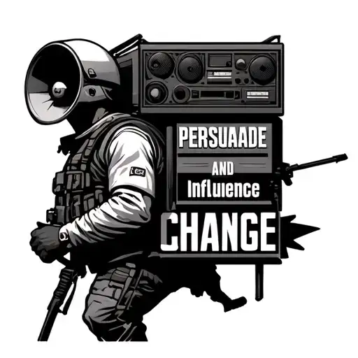 "Persuade, Influence and Change" psyop soldier carrying loud speaker system on his back. tattoo design idea
