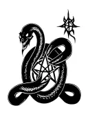Satanic demonic ouroboros snake with inverted pentagram surrounded in a perfect circle, with a distinct face tattoo design idea