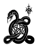 Satanic demonic ouroboros snake with inverted pentagram surrounded in a perfect circle, with a distinct face tattoo design idea