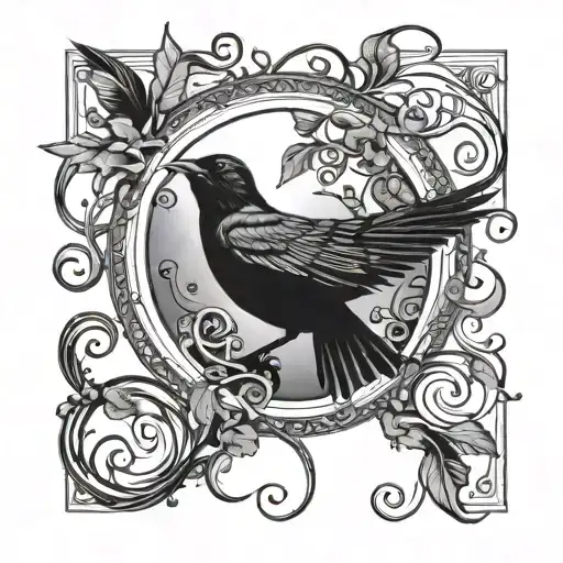 long vine wrapping around sun and blackbird with music notes around   tattoo design idea