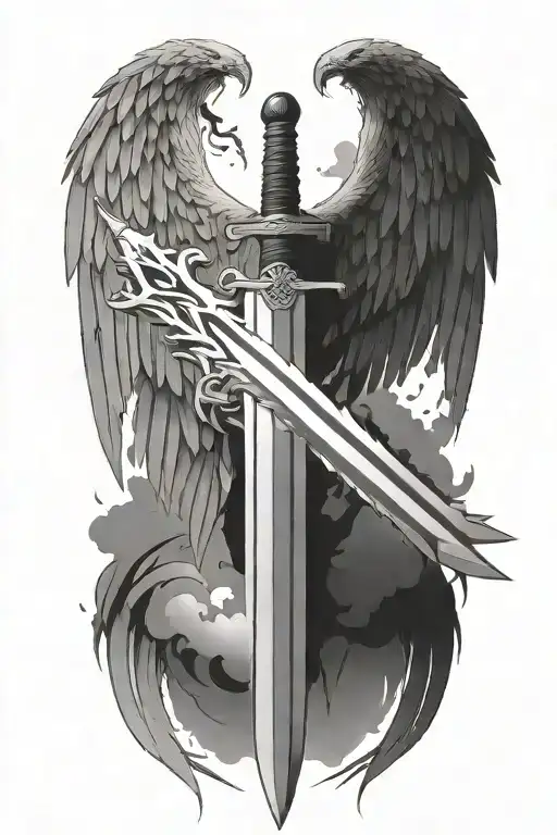 simple longsword with one big wing open tattoo design idea