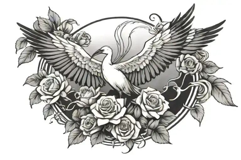 stork with wings spread surrounded by roses with 2 names tattoo design idea