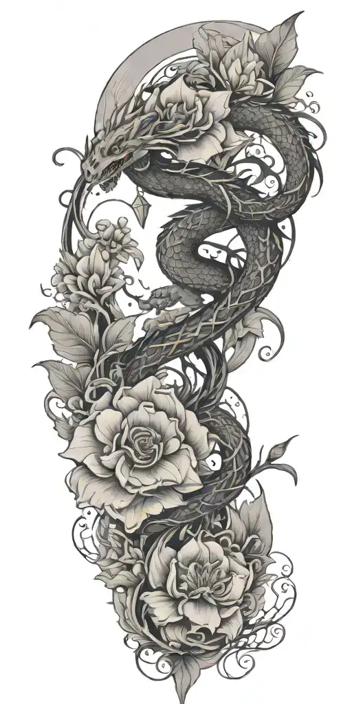 flowers, dragons, lightning storm, balance tattoo design idea