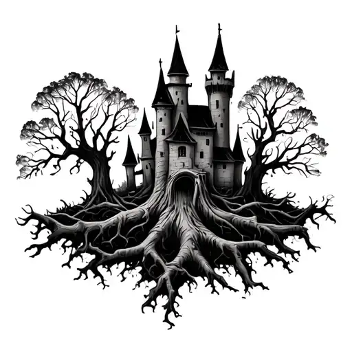 Full arm tattoo start on the wrist with tree roots, followed by a haunted castle in the middle of a forest with leafless tattoo design idea