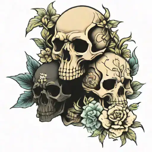 strange flowers with skulls tattoo design idea