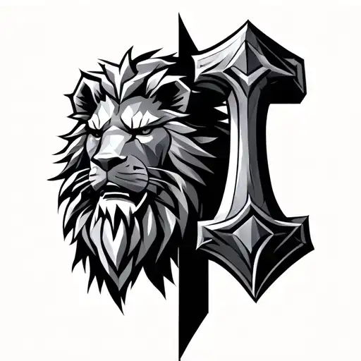 geometric lion head thor hammer tattoo design idea