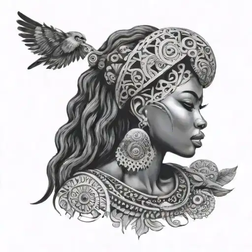 side profile African goddess surrounded by mandalas tattoo design idea