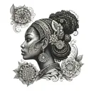 side profile African goddess surrounded by mandalas tattoo design idea