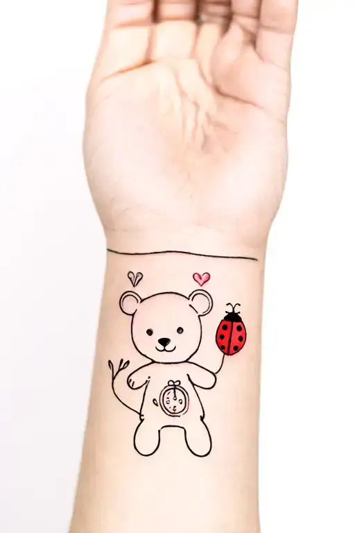 coda symbol, teddy bear, elbow noodle, and ladybug tattoo design idea