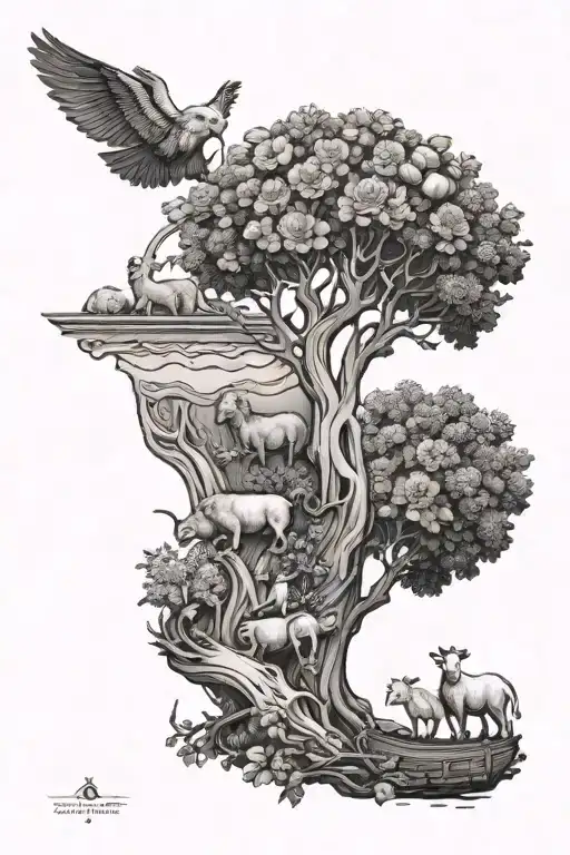 Noah and the ark, lion and the lamb, apple tree, angles and flowers  tattoo design idea