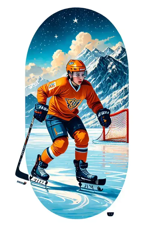 female pond hockey players skating with hockey net mountains and North Star  tattoo design idea