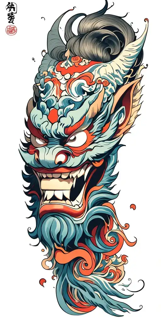 oni demon mask, finger waves crashing tattoo design idea