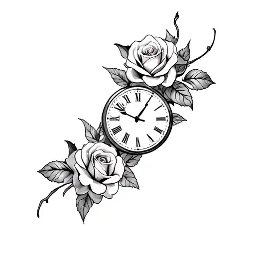 a clock and roses tattoo design idea