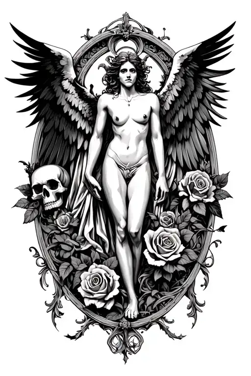lucifer fallen angel in art nouveau oval frame black and white tattoo stencil with skulls and roses tattoo design idea