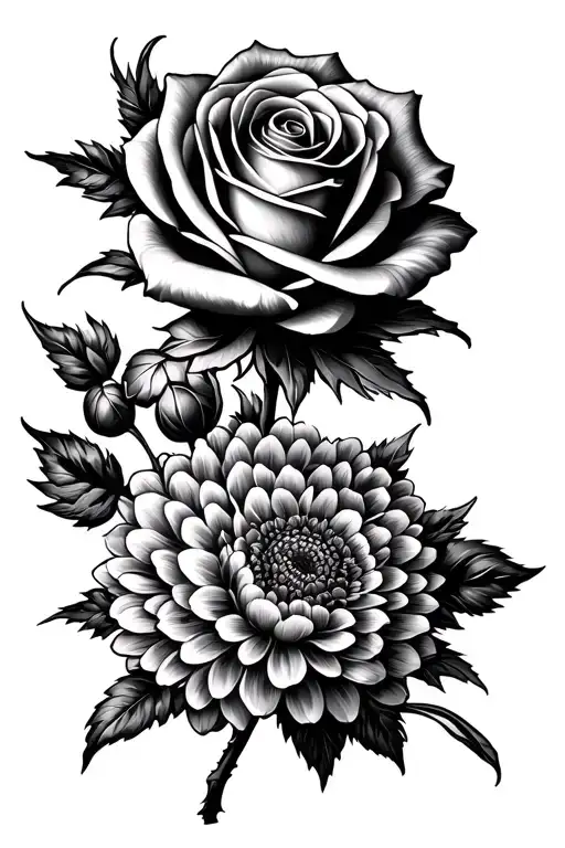 prominent rose with accent chrysanthemums with dotilism and mandala features tattoo design idea