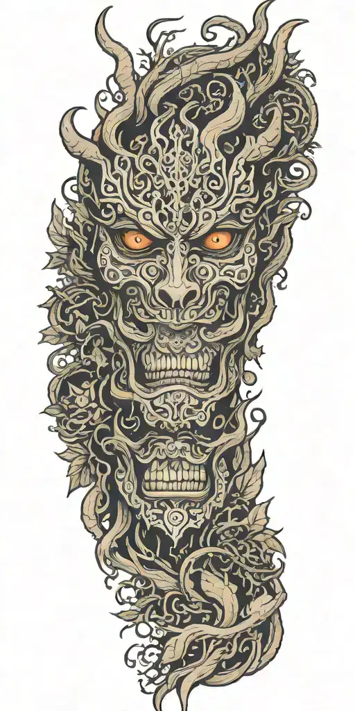 foggy forest with a demon hiding facial features tattoo design idea