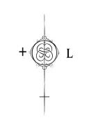 D/s dynamic inspired tattoo featuring a collar,  circle with a plus sign inside it, triskelion symbol, letter L tattoo design idea