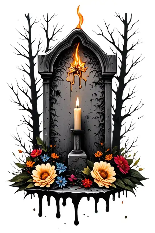 burning candle wax dripping decayed grave with dying flowers in black and gray. Tombstone and forest  tattoo design idea