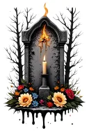 burning candle wax dripping decayed grave with dying flowers in black and gray. Tombstone and forest  tattoo design idea