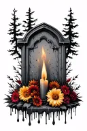 burning candle wax dripping decayed grave with dying flowers in black and gray. Tombstone and forest  tattoo design idea