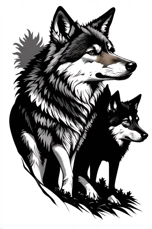 coyote silhouette surrounded by wolves tattoo design idea