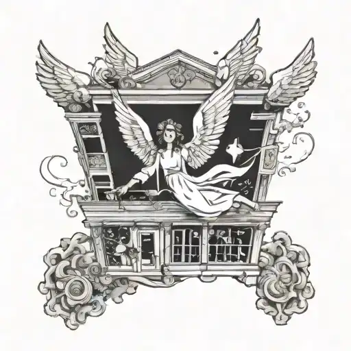 angel falling from heaven outside of a restaurant called "duke's" on main street tattoo design idea