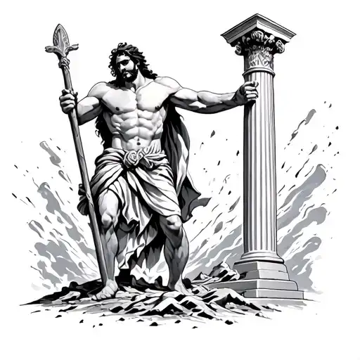 Samson from the Bible destroying the pillars tattoo design idea