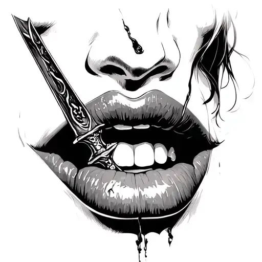 Female Vampire Mouth with Dagger through lips like kissed tattoo design idea