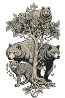 bear walking with a wolf and a female dear with a owl and butterflies under the tree of life tattoo design idea