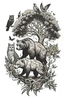 bear walking with a wolf and a female dear with a owl and butterflies under the tree of life tattoo design idea