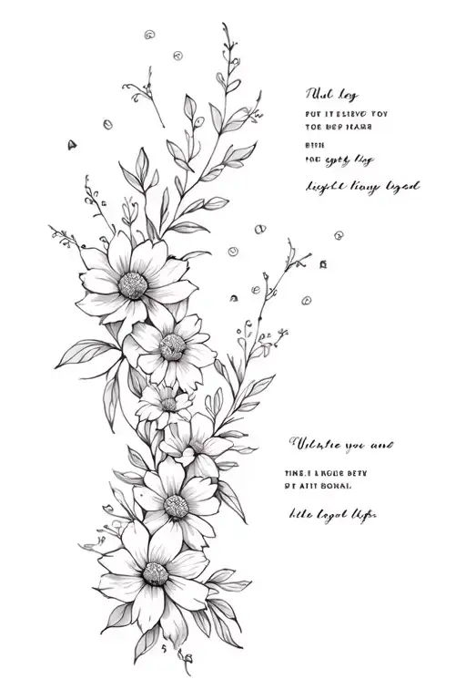 full leg sleeve tattoo combining flowers family aspect some inspirational quotes. light design not too heavy on the ink tattoo design idea