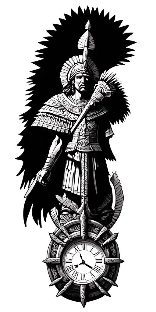 sand clock and catholic and aztec warrior tattoo design idea