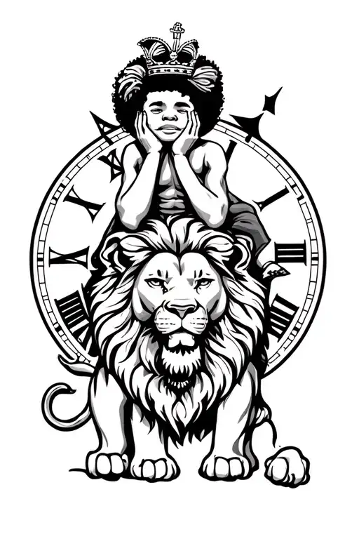 African America boy with Afro bow sitting on a lion with his hands on his cheeks and a crown on his head inside a clock tattoo design idea