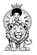 African America boy with Afro bow sitting on a lion with his hands on his cheeks and a crown on his head inside a clock tattoo design idea