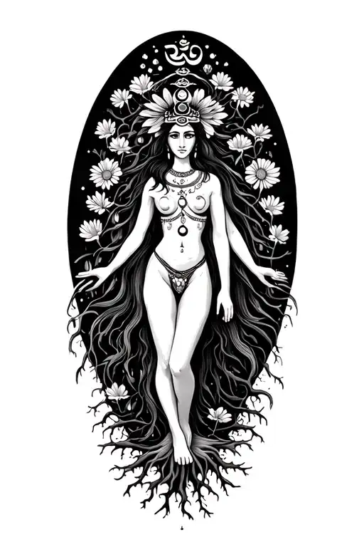 spiritual Woman standing on roots with flowers  growing out of her head with sanskirt chakras  with om crown  tattoo design idea