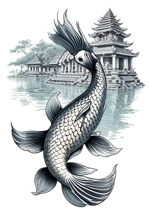 koi fish with khmer ruin temple tattoo design idea