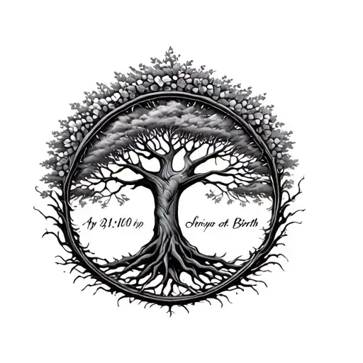 tree of life with date of birth in the branches tattoo design idea