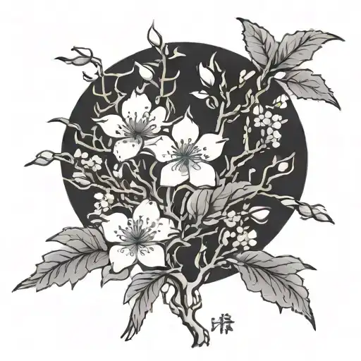 Cherry blossom background with quote “The fear of death follows from the fear of life. A man who lives fully is prepared tattoo design idea