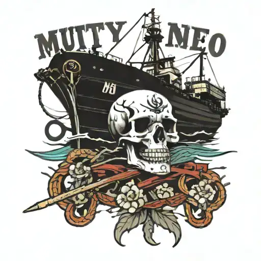 Container ship with a crane behind and a skull and anchor with the text MUTINY tattoo design idea