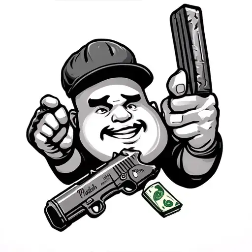 Pillsbury Dough Boi with guns money drugs scales GD gang signs arm& hammer tattoo design idea
