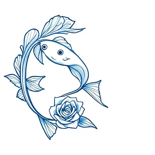 gender neutral, simple blue fish representing a daughter intertwined with a small single rose tattoo design idea