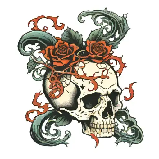 Cracked skull, queen tarot card, death, vines, waves of fire tattoo design idea