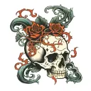 Cracked skull, queen tarot card, death, vines, waves of fire tattoo design idea