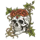 Cracked skull, queen tarot card, death, vines, waves of fire tattoo design idea