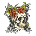 Cracked skull, queen tarot card, death, vines, waves of fire tattoo design idea